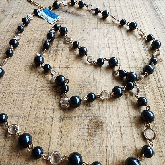 NWT Long Charter Club Navy Blue, Gold & Clear Glass Crystals Necklace - Picture 2 of 5